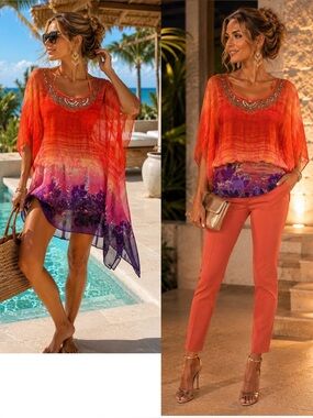 𝅺NICHII Beach cover-up sequin Sunset colours short sleeve chiffon kimono blouse